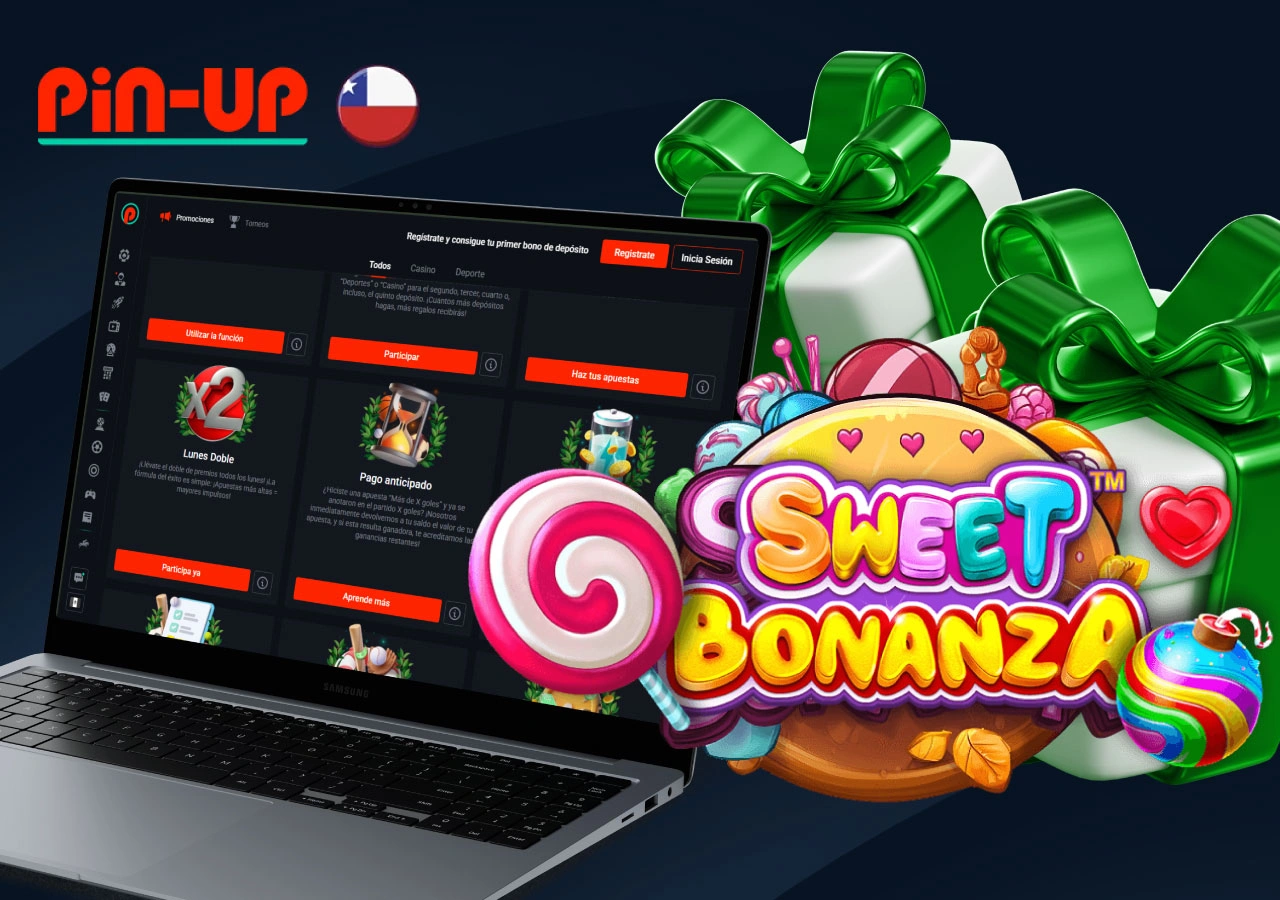 Logotipo del juego Sweet Bonanza en el fondo de la página de bonos del casino Pin-Up